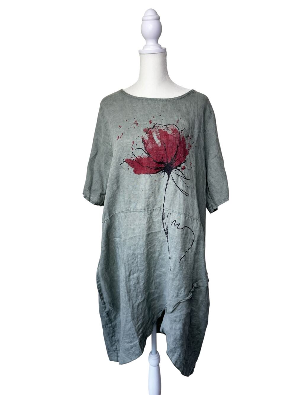 NEW COLLECTION 100% Linen Short Sleeve Dress Green Small/Medium